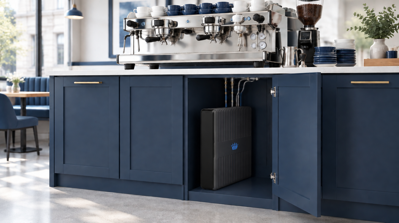 Compact reverse osmosis unit fitted in the cabinet beneath a commercial espresso machine in a café
